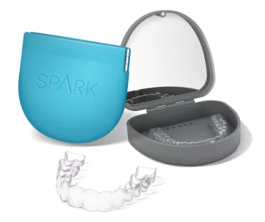 Spark Clear Aligners Blue, grey pouch and trays